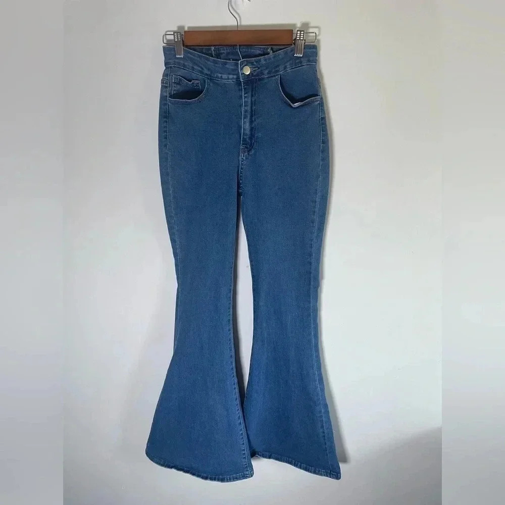 Extreme Flare Bell‎ Bottom Jeans Corset Lace Tie Sz 28x32 EUC 0196